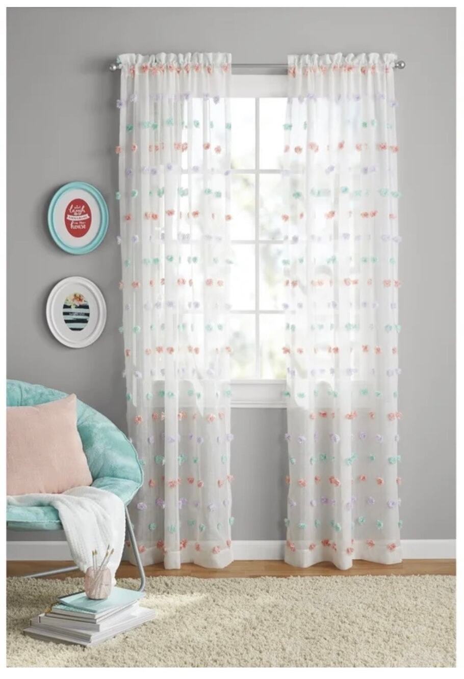 Sheer Pom Pom Curtain Set - White W/ Pink Blue Purple